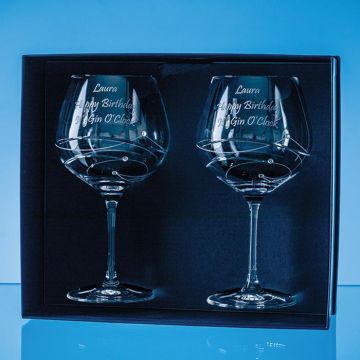 2 Diamante Gin Glasses With Spiral Design Cutting In An Attractive Gift Box
