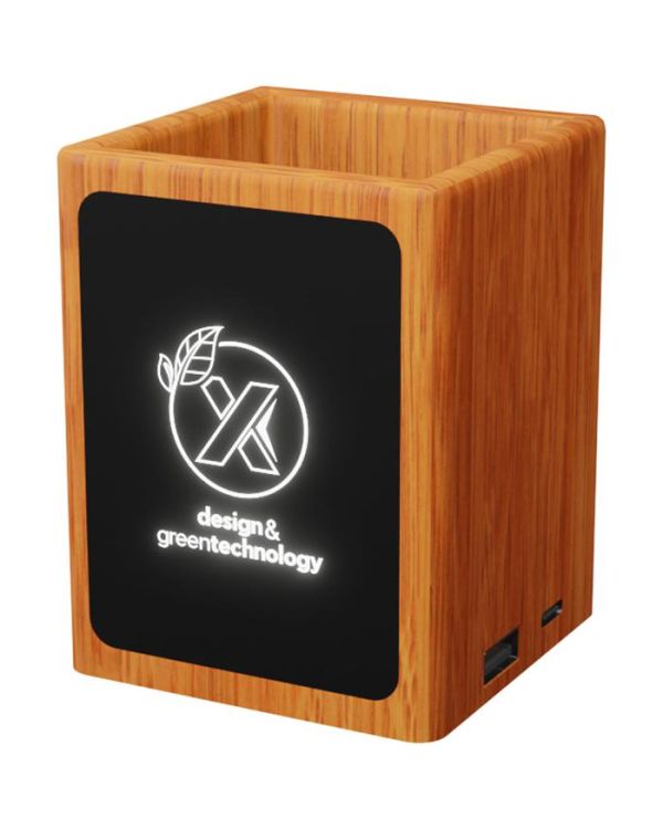 Scx.Design O12 Wooden Light-Up Logo Pencil Holder With Dual USB Output